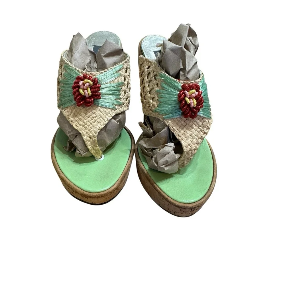 Giacinto🤑Vintage Italian💚Boho Floral Wedges Woven Straw & Cork Platform Sz36-6